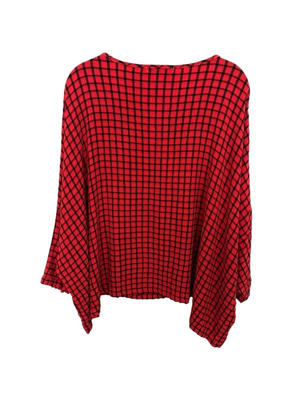 Cut Loose Red Black Check Print Top Lagenlook Cropped Boxy Viscose Blend OS USA - Picture 2 of 8